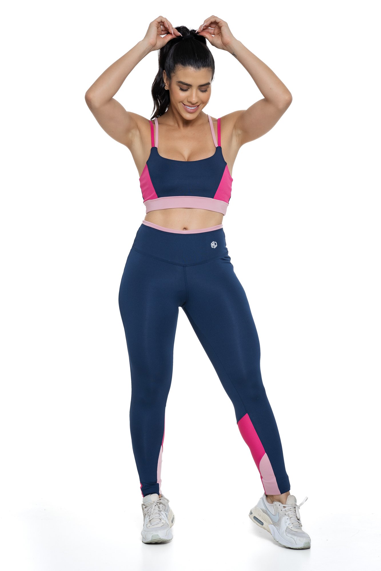 Conjunto Fitness Zumba com Recortes Azul Marinho e Rosa